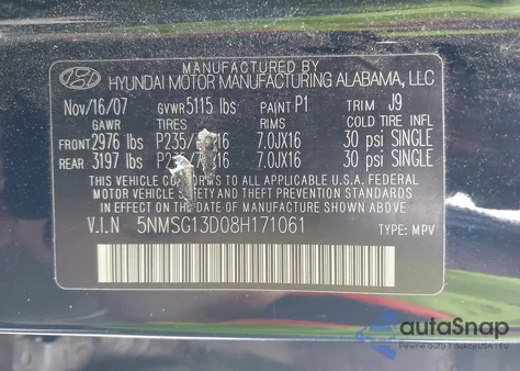 2008 Hyundai Santa Fe Gls из США, поврежденный, VIN 5NMSG13D08H171061